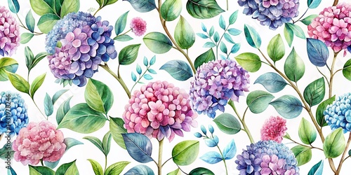 Watercolor Hydrangea Eucalyptus Floral Pattern Stock Photo - Botanical Design Texture