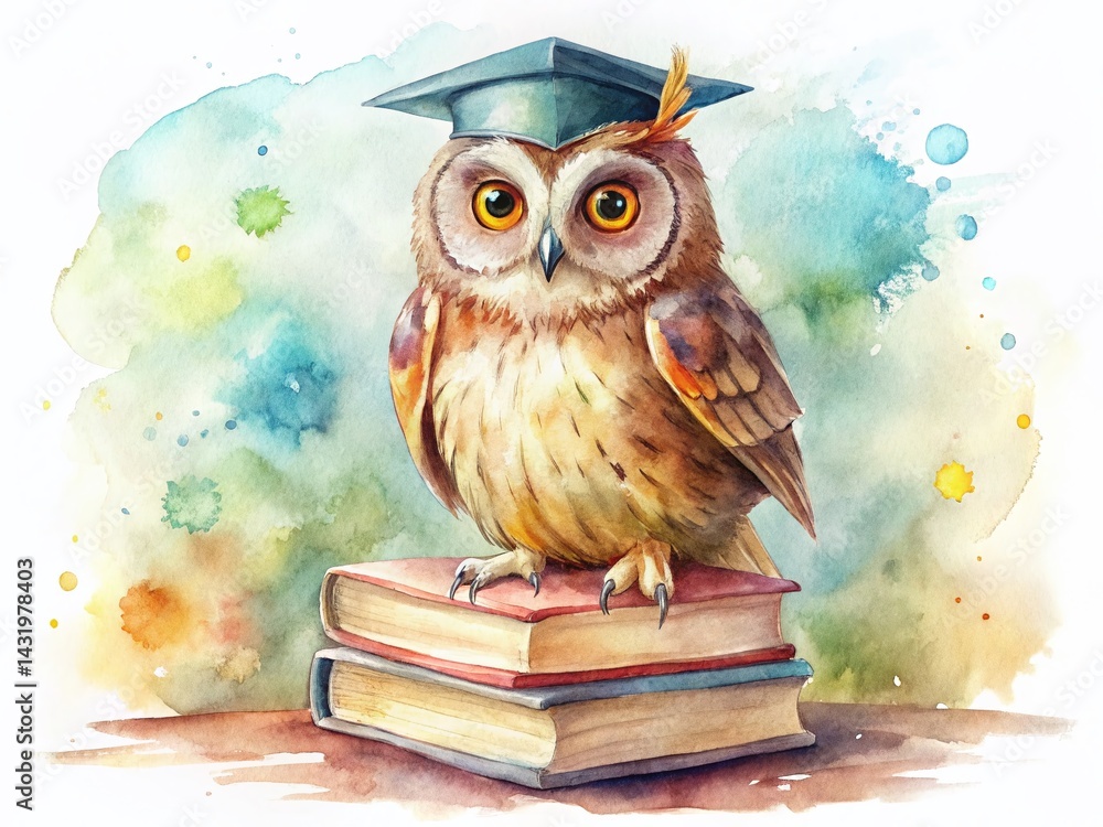 Watercolor Owl Graduate: Wise Bird in Graduation Cap on Books
