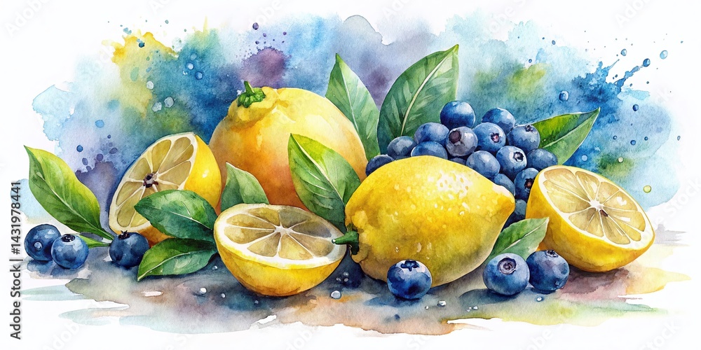 Watercolor Painting of Lemons and Blueberries on White Background - Urban Exploration Photography Style