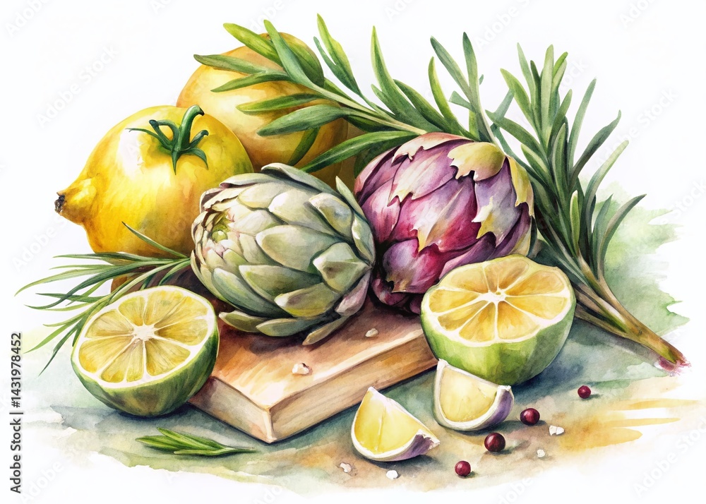 Watercolor Painting Still Life: Artichokes, Lemons, Garlic, Rosemary & Cheese