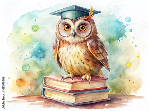 Obraz na płótnie Watercolor Owl Graduate: Wise Bird in Graduation Cap on Books w salonie