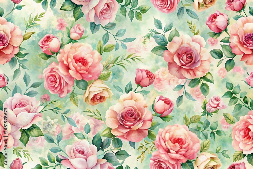 Watercolor Rose Flower Seamless Pattern, Tilt-Shift Miniature Garden Background