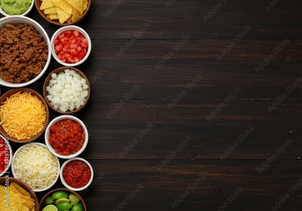 A vibrant spread of taco ingredients and fixings is arranged on a dark wooden surface. A vibrant spread of taco ingredients and fixings is arranged on a dark wooden surface.