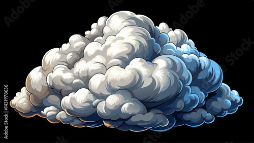 Fluffy white cumulus cloud against black background. Detailed, realistic, and isolated. Perfect for backgrounds, illustrations, or design elements
