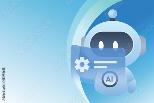 AI assistant robot character with gear and settings interface icon.
