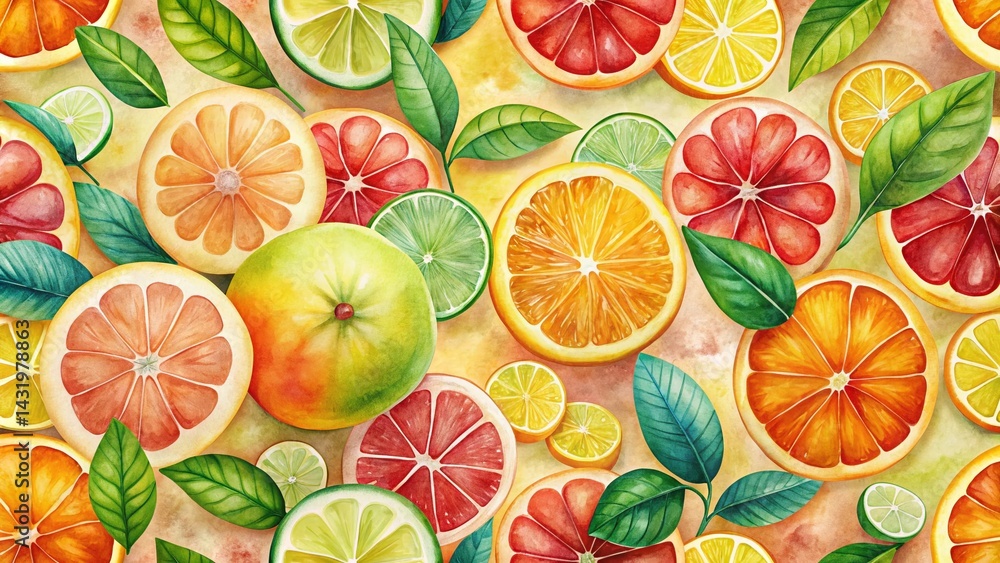 Watercolor Vintage Tropical Citrus Fruit Pattern Stock Photo