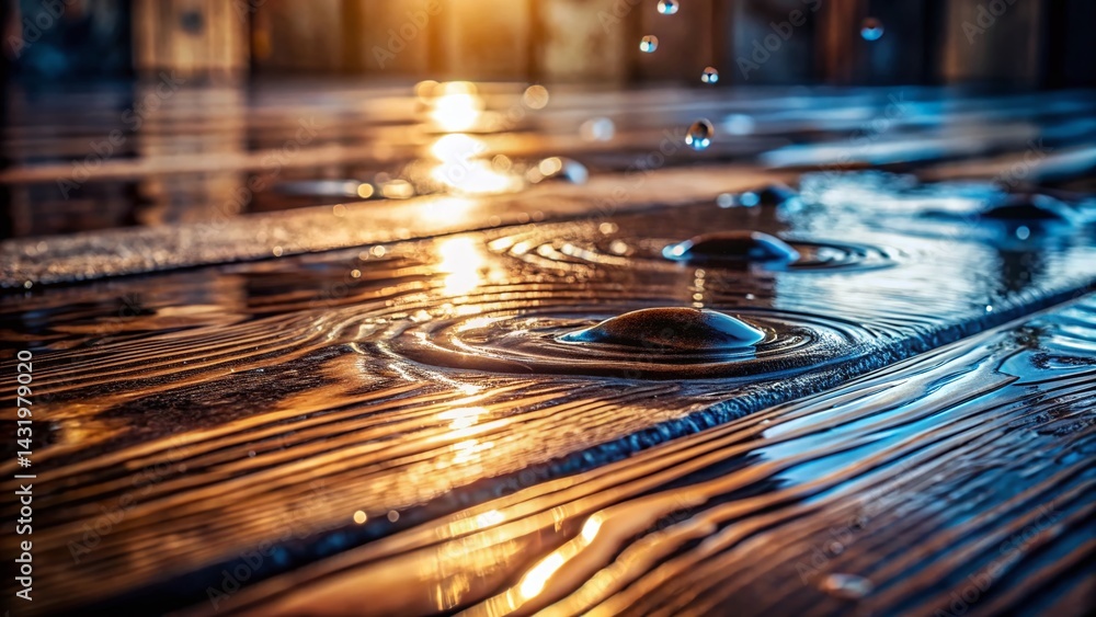 Water Damage on Wooden Floor: Close-Up Stock Photo of Spilled Liquid on Wood Surface