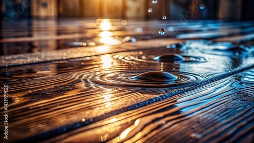 Obraz na płótnie Water Damage on Wooden Floor: Close-Up Stock Photo of Spilled Liquid on Wood Surface w salonie