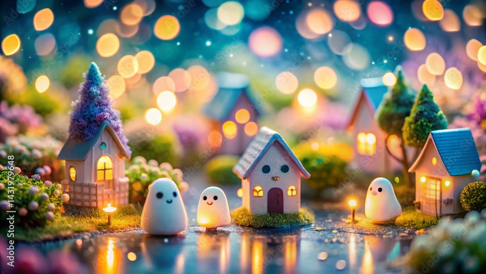 Whimsical Cute Ghosts Floating in a Miniature Toy Village, Tilt-Shift Photography