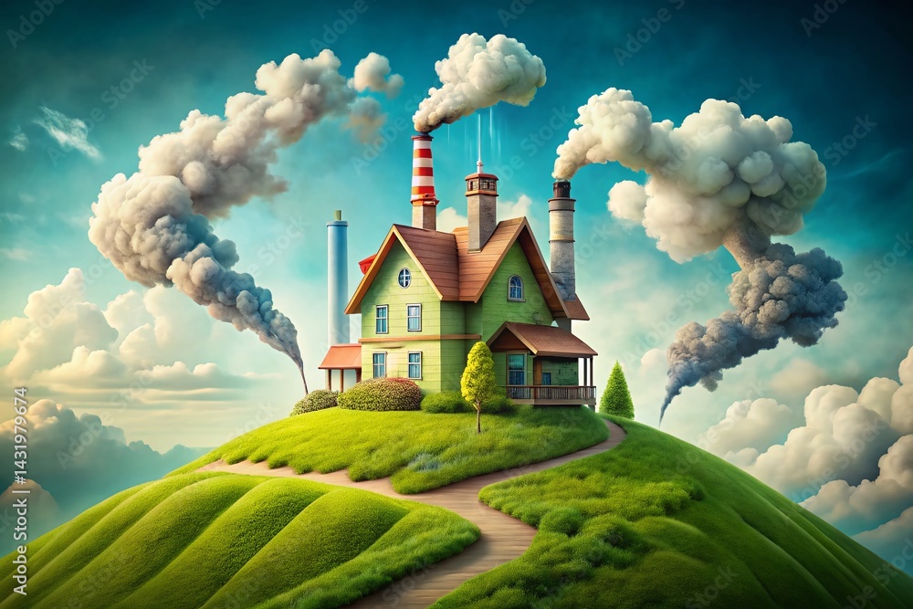 Whimsical Factory House on Green Hill, Fluffy Clouds, Smoke Stacks, Urban Exploration