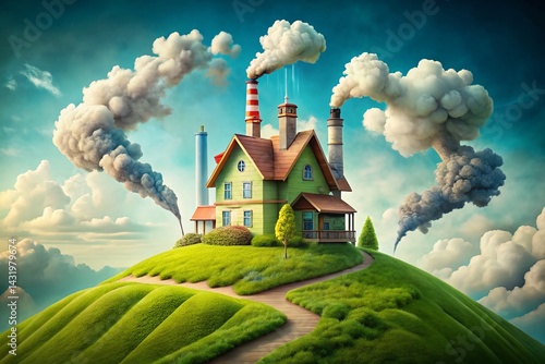 Obraz na płótnie Whimsical Factory House on Green Hill, Fluffy Clouds, Smoke Stacks, Urban Exploration w salonie