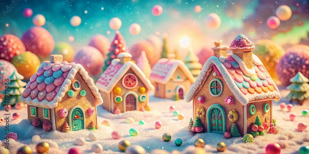 Whimsical Gingerbread Houses in Pastel Dreamland: Vintage Style Children's Fantasy Stock Photo