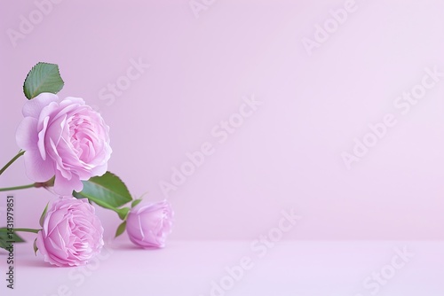 Soft pink roses with green leaves, pastel pink background, romantic bouquet, gentle arrangement, natural beauty, minimal composition, floral decor, spring feeling, copy space