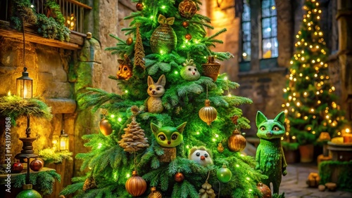 Obraz na płótnie Whimsical Forest Creature Christmas Tree Ornaments: Urban Exploration Holiday Decor w salonie