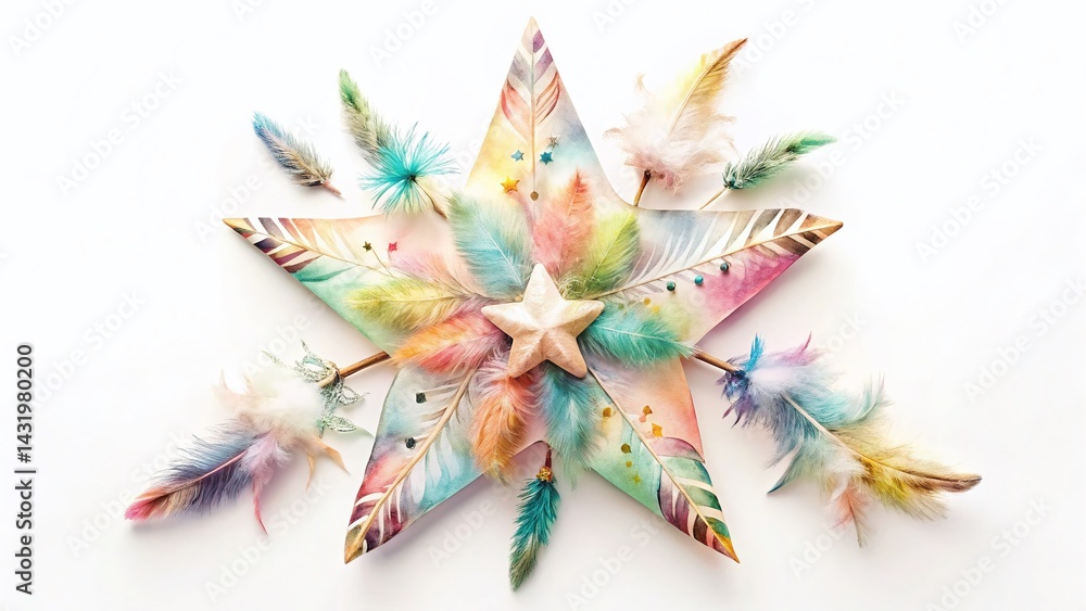 Whimsical Pastel Watercolor Christmas Star with Boho Feathers - Festive Holiday Stock Photo