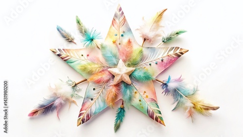 Obraz na płótnie Whimsical Pastel Watercolor Christmas Star with Boho Feathers - Festive Holiday Stock Photo w salonie
