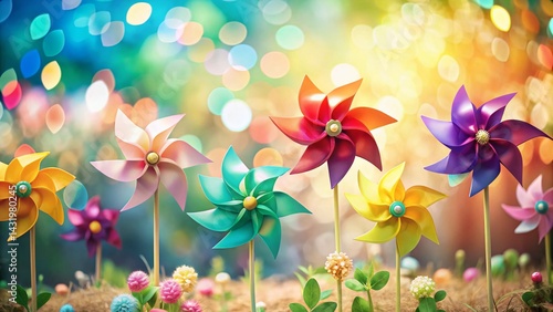 Obraz na płótnie Whimsical Pinwheel Bloom: Bokeh Flower and Leaf Illustration w salonie