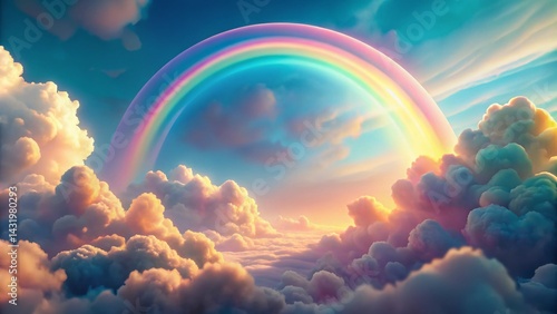 Obraz na płótnie Whimsical Rainbow Arching Over Fluffy Clouds - Tilt-Shift Childrens Background w salonie