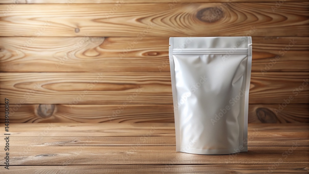 White Coffee Pouch Mockup: Blank Packaging on Wooden Background