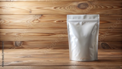 Obraz na płótnie White Coffee Pouch Mockup: Blank Packaging on Wooden Background w salonie