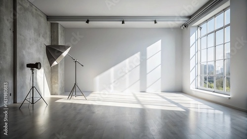 Obraz na płótnie White & Grey Studio Backdrop: Minimalist Product Photography Background with Window Shadow for Text & Presentation w salonie