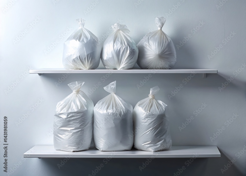 White Plastic Garbage Bag Roll on Clear Plastic Shelf - Clean Minimalist Stock Photo