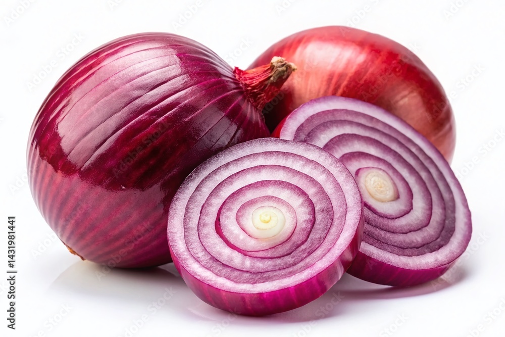 Whole Red Onion and Sliced Rings - Isolated on White Background - Food Photography