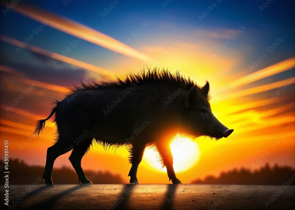 Wild Boar Silhouette: Hand-Drawn Graphic Illustration, High Depth of Field Stock Photo