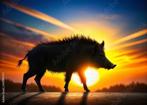 Obraz na płótnie Wild Boar Silhouette: Hand-Drawn Graphic Illustration, High Depth of Field Stock Photo w salonie