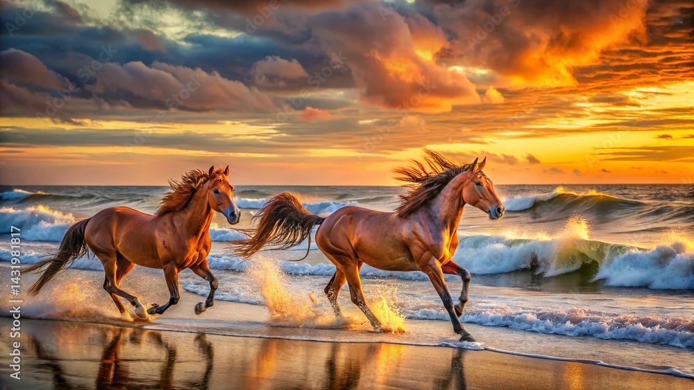 Wild Spanish Mustangs Galloping on Outer Banks Beach at Sunset