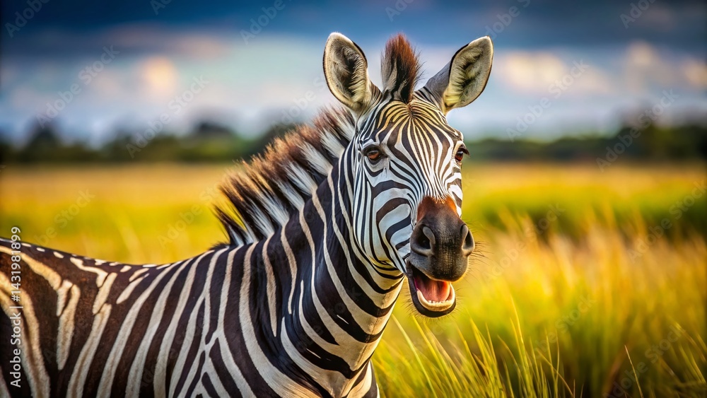 Wild Zebra Showing Teeth, Open Mouth, African Savanna, Rule of Thirds Composition