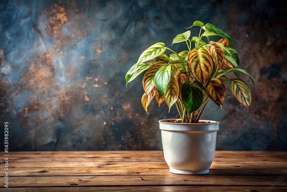 Wilted Houseplant in White Pot on Wooden Table - Sad Indoor Plant Stock Photo