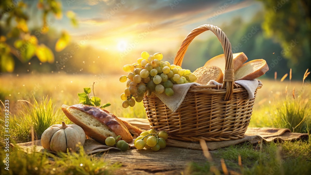 Windswept Picnic: Rustic Bread, Cheese & Grapes Outdoors