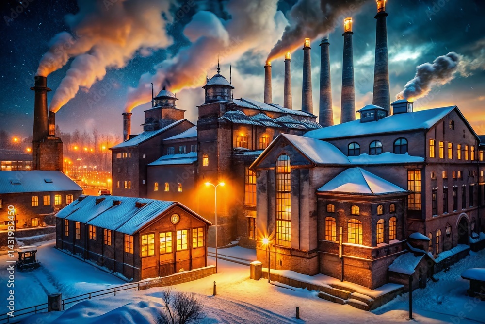 Winter Night Copper Factory: Illuminated Industrial Scene at Dusk