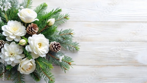 Winter Floral Arrangement: White Flowers & Pine Branches for Festive Decor