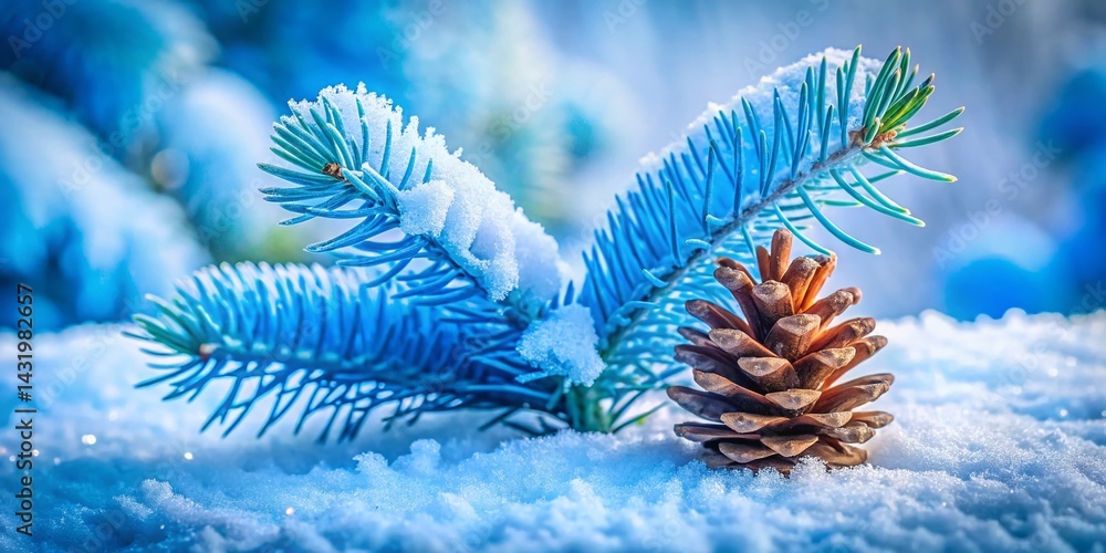 Winter Wonderland: Blue Leaf Pine Tree & Cone - Snowy Forest Stock Photo