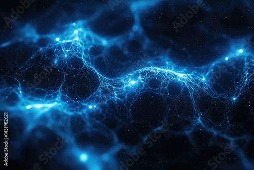 Abstract blue glowing network, digital nodes connected, forming a wave-like pattern in space.