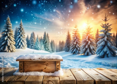 Obraz na płótnie Winter Wonderland Product Display: Snowy Wooden Podium Backdrop for Festive Branding w salonie