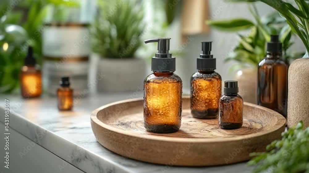 Aromatic Oasis: A curated collection of amber-colored bottles, exuding a sense of tranquility and rejuvenation. Set against a backdrop of lush greenery and natural elements. Aromatic Oasis: A curated collection of amber-colored bottles, exuding a sense of tranquility and rejuvenation. Set against a backdrop of lush greenery and natural elements.
