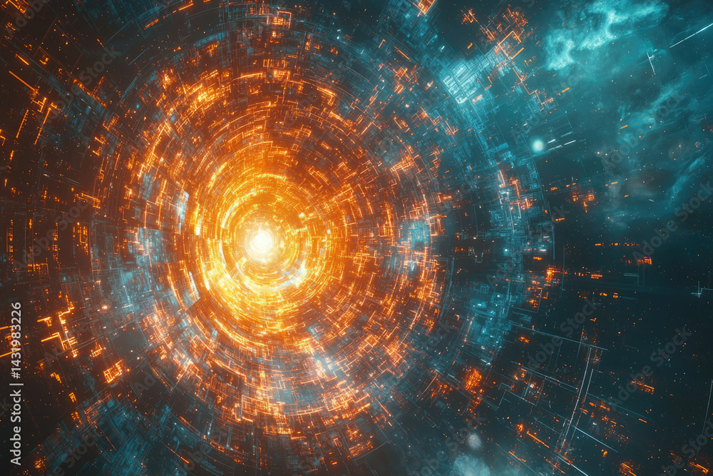 Abstract digital art depicting a swirling, glowing tunnel of orange and teal, suggesting futuristic technology or hyperspace travel. Abstract digital art depicting a swirling, glowing tunnel of orange and teal, suggesting futuristic technology or hyperspace travel.