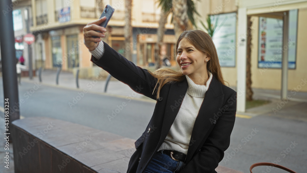 Woman taking selfie on urban street with phone in hand, outdoor setting, wearing stylish jacket, smiling attractively, enjoying cityscape around her.