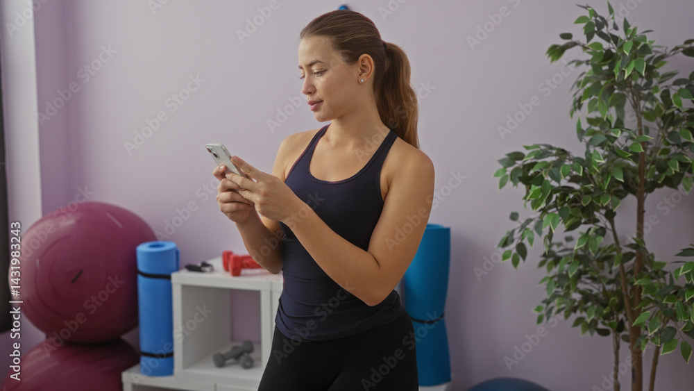 Young woman using smartphone in gym surrounded by exercise equipment in bright indoor setting.