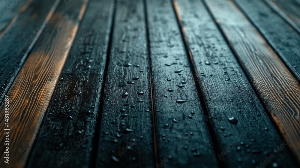 Raindrops creating mesmerizing splashes on a weathered wooden deck with cinematic wet texture details