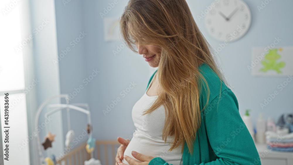 Pregnant woman standing in bright bedroom affectionately holding her belly near a baby cradle with soft lighting and cozy atmosphere