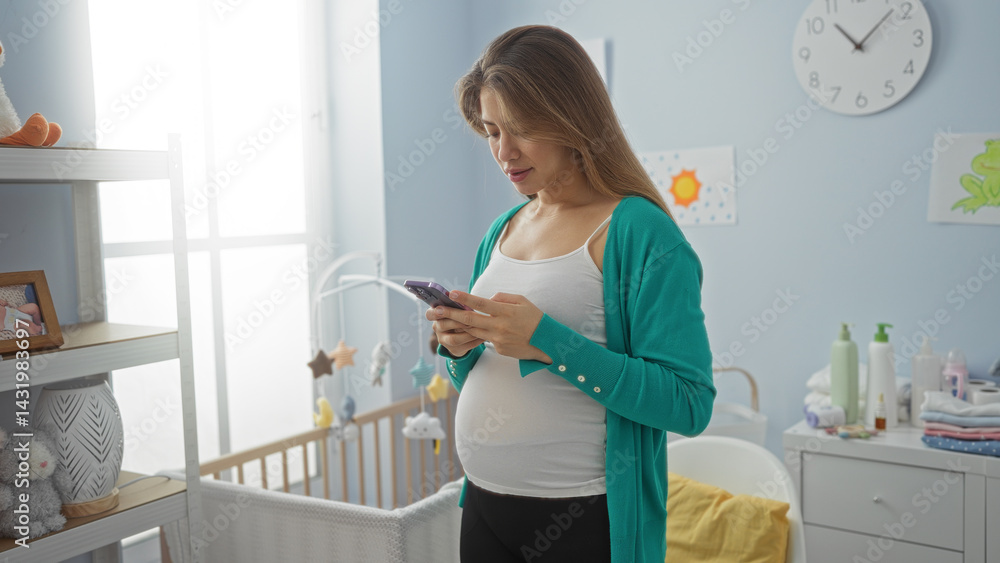 Woman using smartphone in bedroom near baby cradle, showcasing a serene, pregnant atmosphere with a modern and comfortable home interior design.