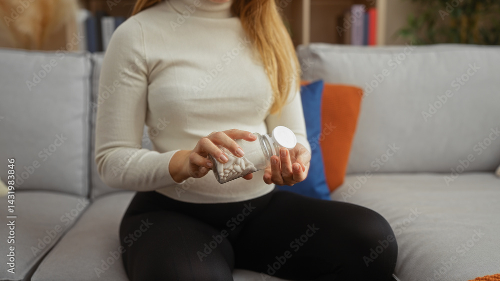 Woman pouring pills from a jar while sitting on a couch in a modern living room, showcasing a relaxed and casual home setting with vibrant decor and books.