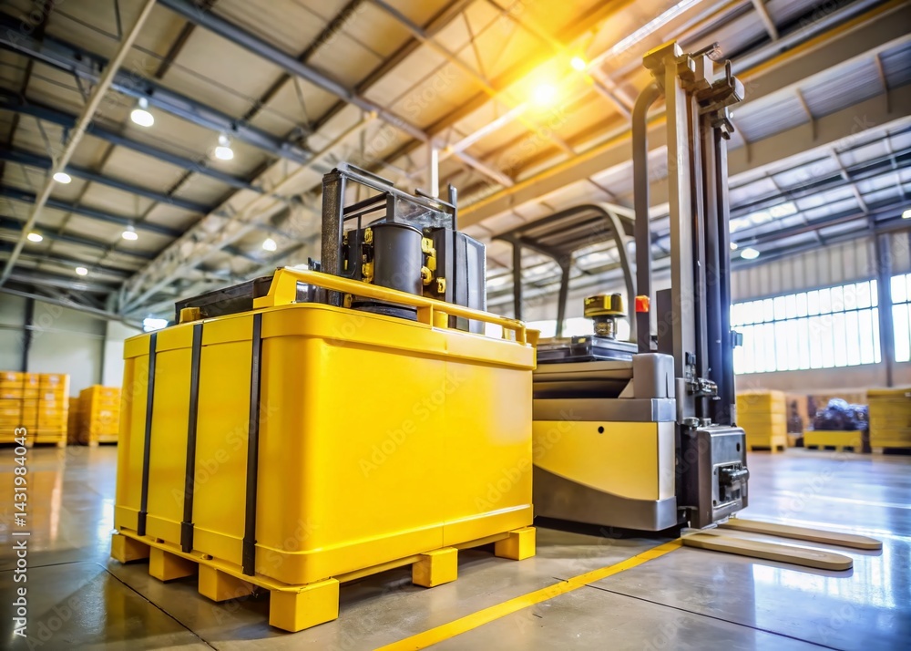 Fototapeta premium Yellow Forklift Battery Replacement in Warehouse - Automation & Storage