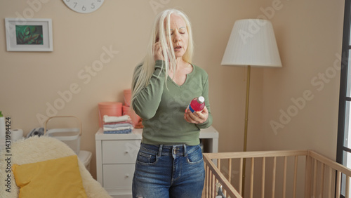 Obraz na płótnie Woman with albinism stands in a cozy home bedroom, holding a bottle and talking on the phone, surrounded by furniture and a baby cradle, conveying a domestic and caregiving setting. w salonie