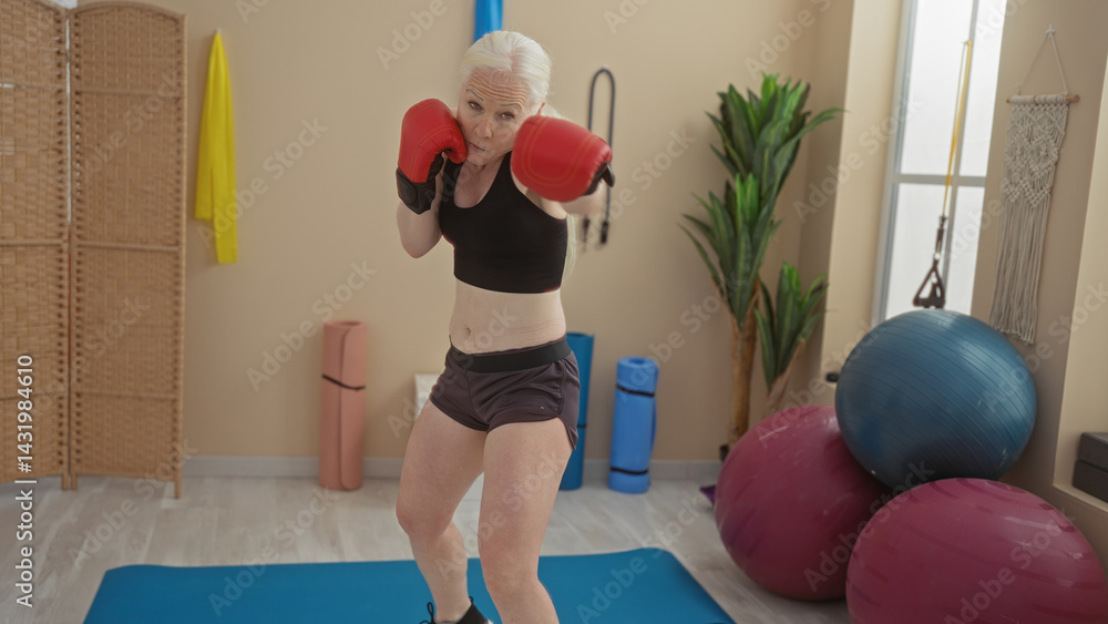 Woman with albinism boxing in a gym, showing strength and focus amidst exercise equipment and vibrant decor, exemplifying active lifestyle and determination.