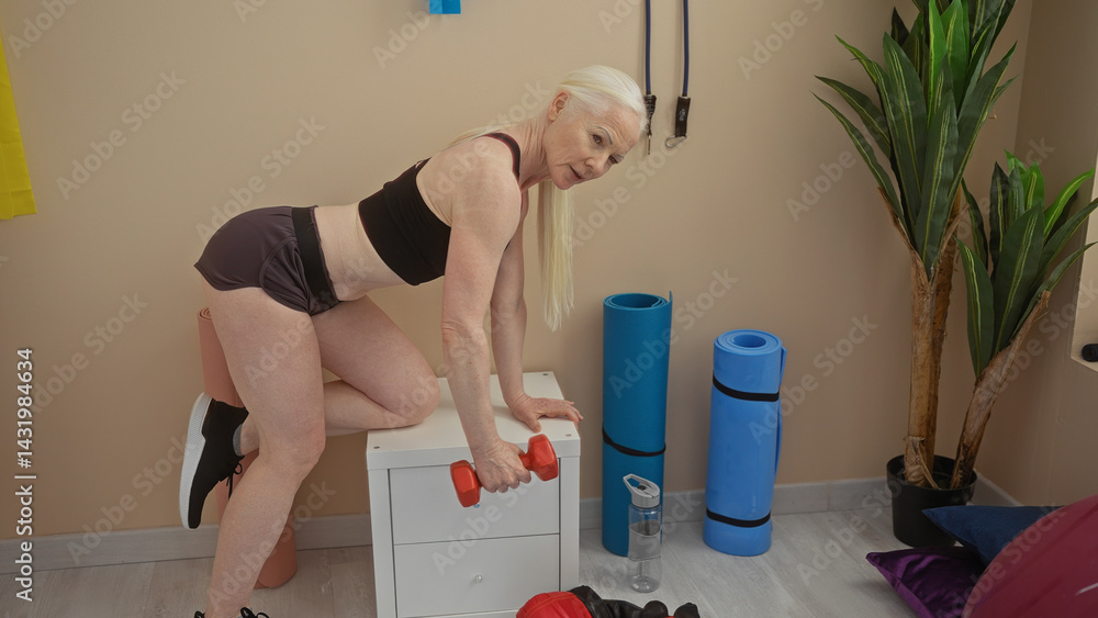 Woman exercising indoors with dumbbells in a gym setting featuring fitness equipment and plants, demonstrating strength and active lifestyle in a focused workout environment